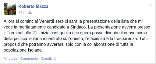 Post di Roberto Mazza su Facebook