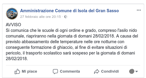 Messaggio Facebook Amministrazione Comunale